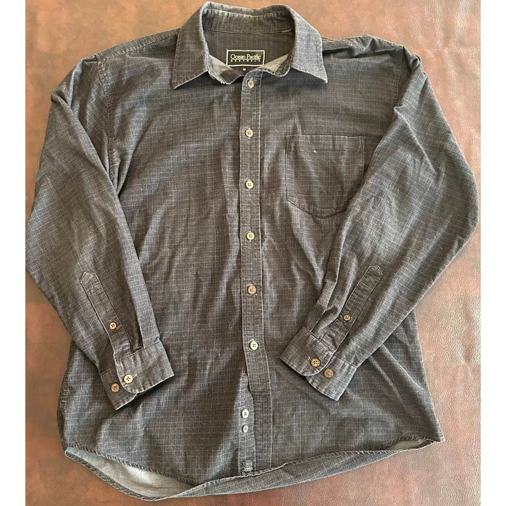 Ocean Pacific Mens Button Down Shirt Gray Grid Long Sleeve Size M